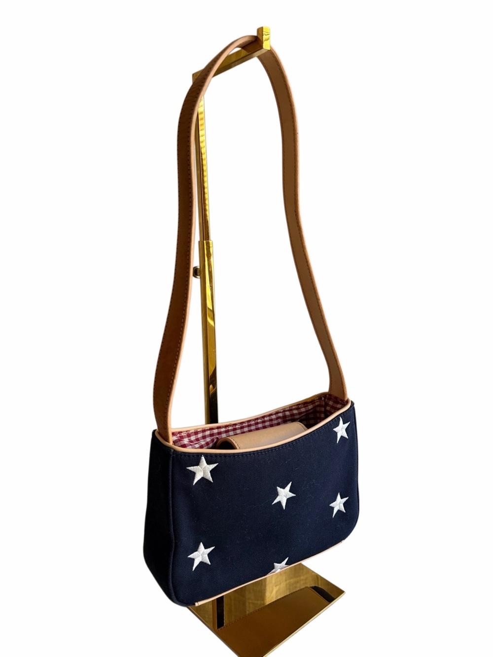 Amanda Smith Navy Shoulder Bag with White Star Embroidery and Tan Strap